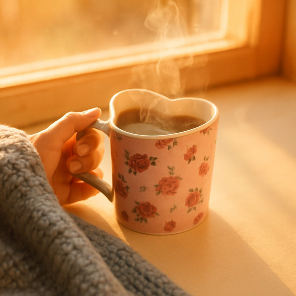 Kawaii Heart Shaped Floral Mug – Pink Rose Ceramic Coffee Cup for Women