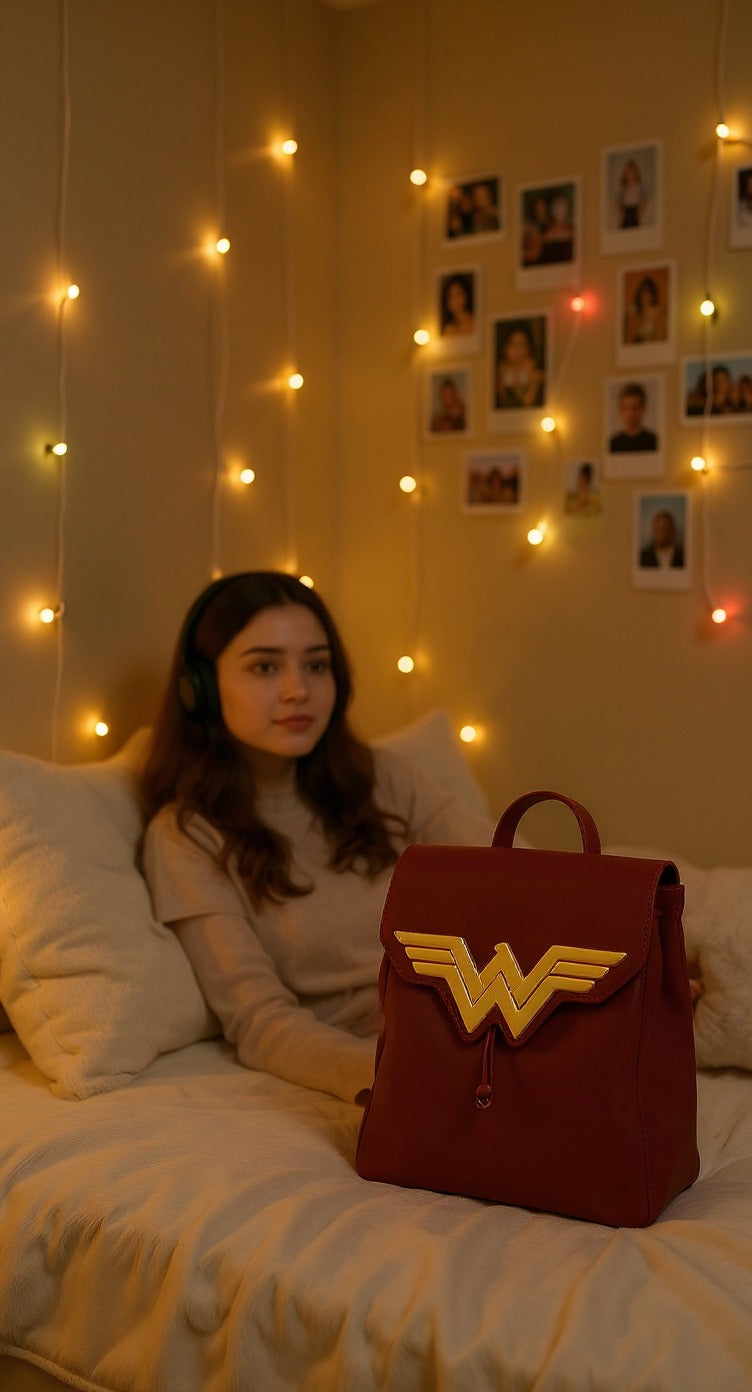 Wonder Woman Maroon and Yellow Backpack – Premium Faux Leather School Bag with Iconic 3D Logo for Girls and Women