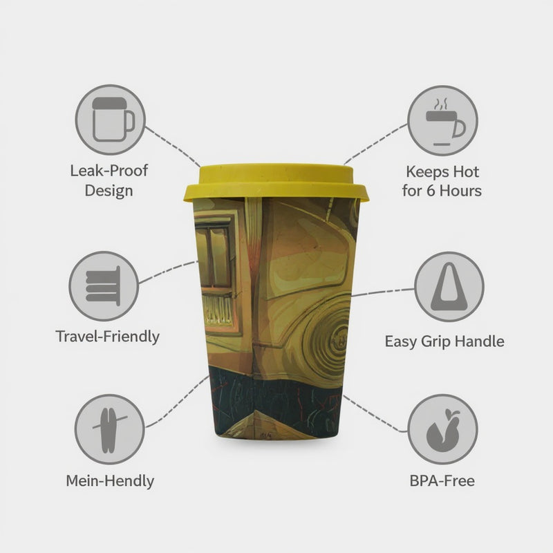 Insulated Eco Travel Tumbler | Leakproof Mug Yellow Lid | Hot Drink Keeper Reusable Cup