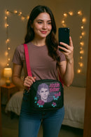 Justin Bieber Shoulder Bag – Black &amp; Pink Strap Messenger Purse