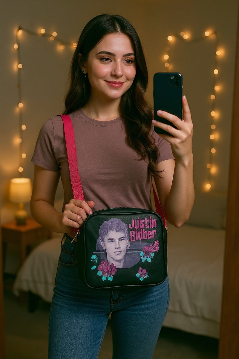 Justin Bieber Shoulder Bag – Black &amp; Pink Strap Messenger Purse