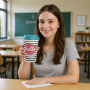Cute “Hello” Striped Travel Coffee Mug with Lid – Leakproof Bamboo Cup with Easy Sip Lid –Teenager Friendly Eco Mug