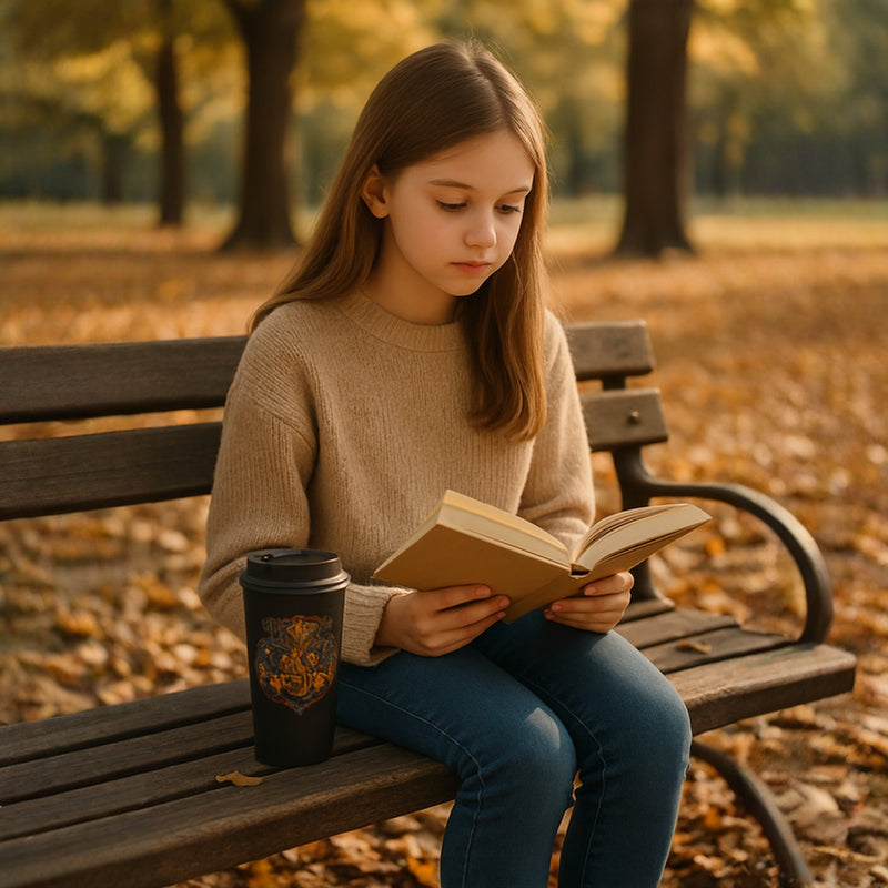 Harry Potter Hogwarts Travel Mug – Black Insulated Coffee Tumbler with Crest Logo – BPA-Free Stainless Steel Leakproof Lid Cup