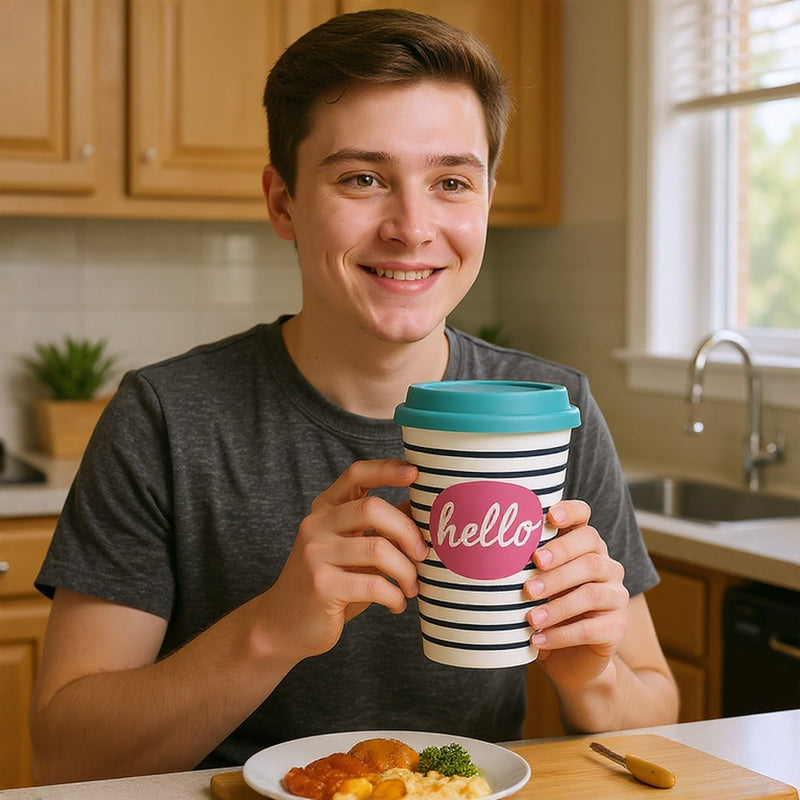 Cute “Hello” Striped Travel Coffee Mug with Lid – Leakproof Bamboo Cup with Easy Sip Lid –Teenager Friendly Eco Mug
