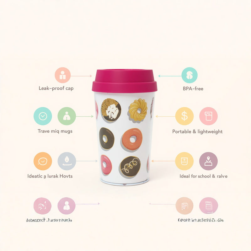 Donut Print Travel Mug with Pink Lid – Reusable Coffee Cup– Insulated To-Go Mug for Hot &amp; Cold Drinks – Cute Pattern Tumbler for Work Office or Car Commute