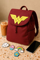 Wonder Woman Maroon and Yellow Backpack – Premium Faux Leather School Bag with Iconic 3D Logo for Girls and Women