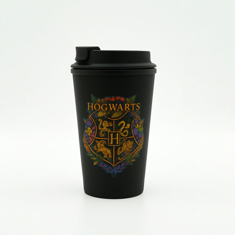 Harry Potter Hogwarts Travel Mug – Black Insulated Coffee Tumbler with Crest Logo – BPA-Free Stainless Steel Leakproof Lid Cup