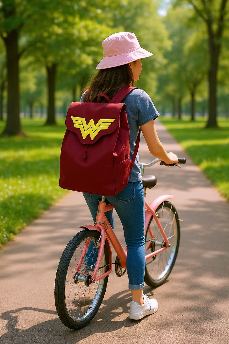 Wonder Woman Maroon and Yellow Backpack – Premium Faux Leather School Bag with Iconic 3D Logo for Girls and Women