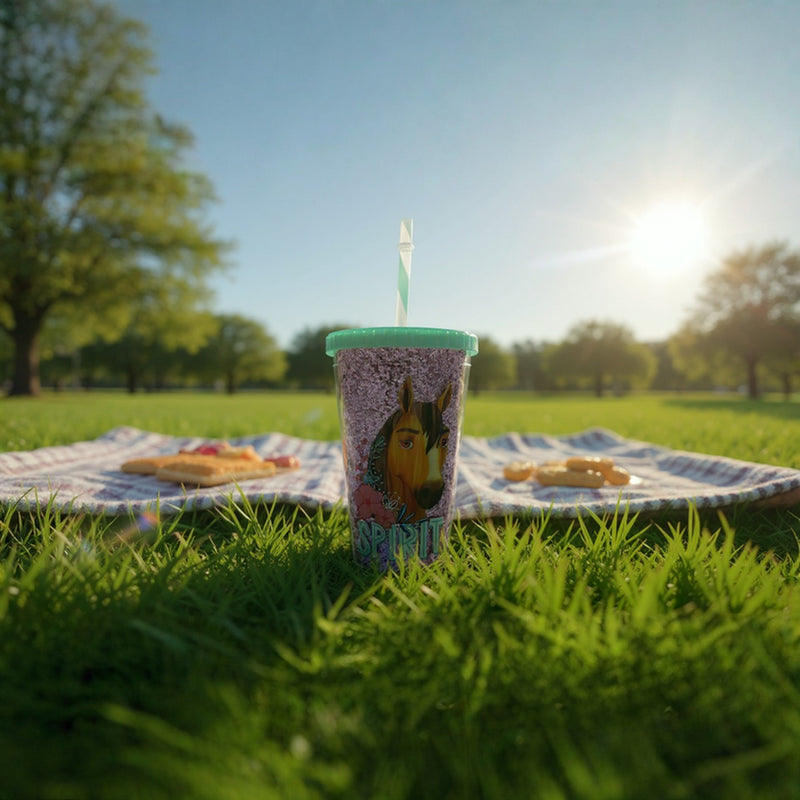 SPIRIT Riding Horse Tumbler Cup for Kids – 16 oz Glitter Reusable Plastic Cup