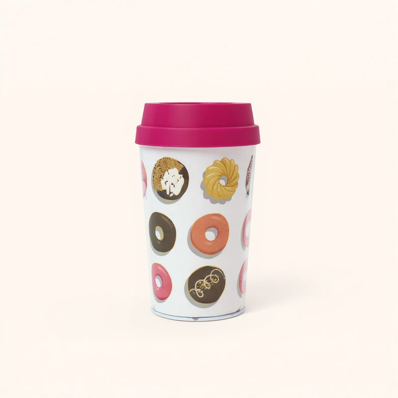 Donut Print Travel Mug with Pink Lid – Reusable Coffee Cup– Insulated To-Go Mug for Hot &amp; Cold Drinks – Cute Pattern Tumbler for Work Office or Car Commute