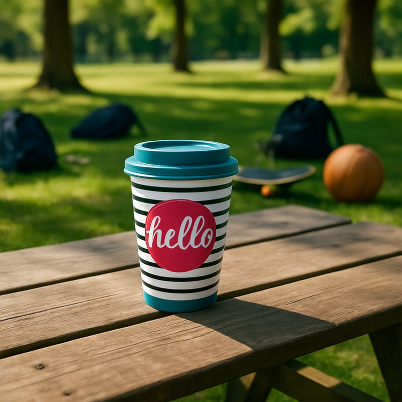 Cute “Hello” Striped Travel Coffee Mug with Lid – Leakproof Bamboo Cup with Easy Sip Lid –Teenager Friendly Eco Mug