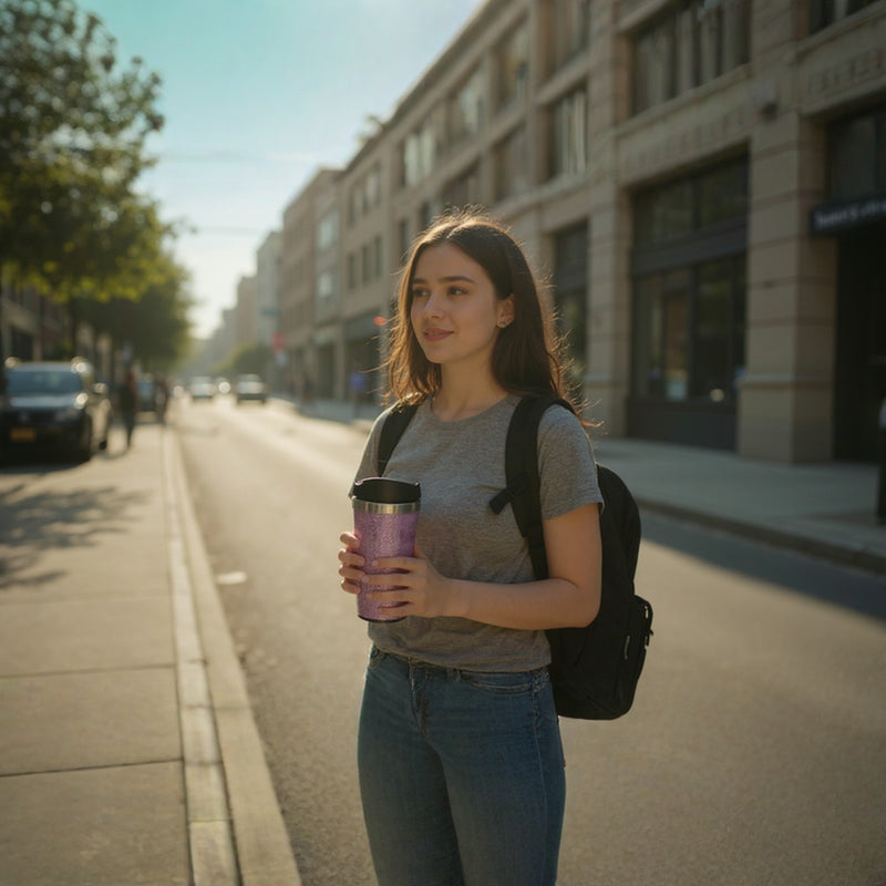 Pink Glitter Travel Mug | for Women – Stainless Steel Insulated Coffee Tumbler with Lid