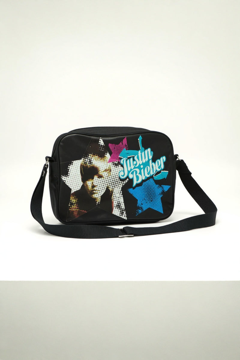 Justin Bieber Shoulder Bag – Black &amp; Pink Strap Messenger Purse