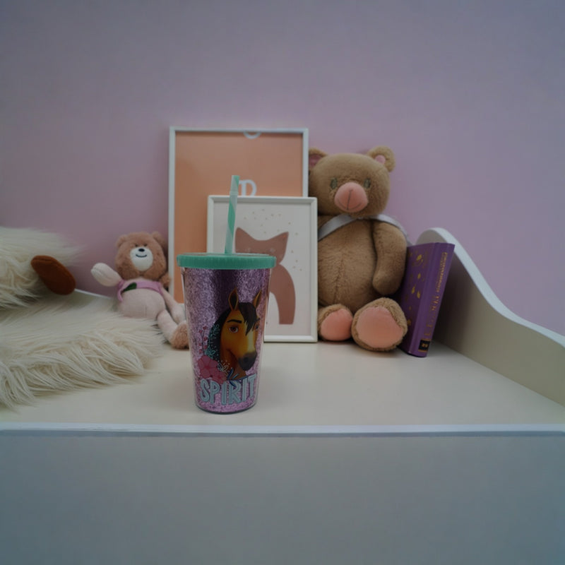 SPIRIT Riding Horse Tumbler Cup for Kids – 16 oz Glitter Reusable Plastic Cup