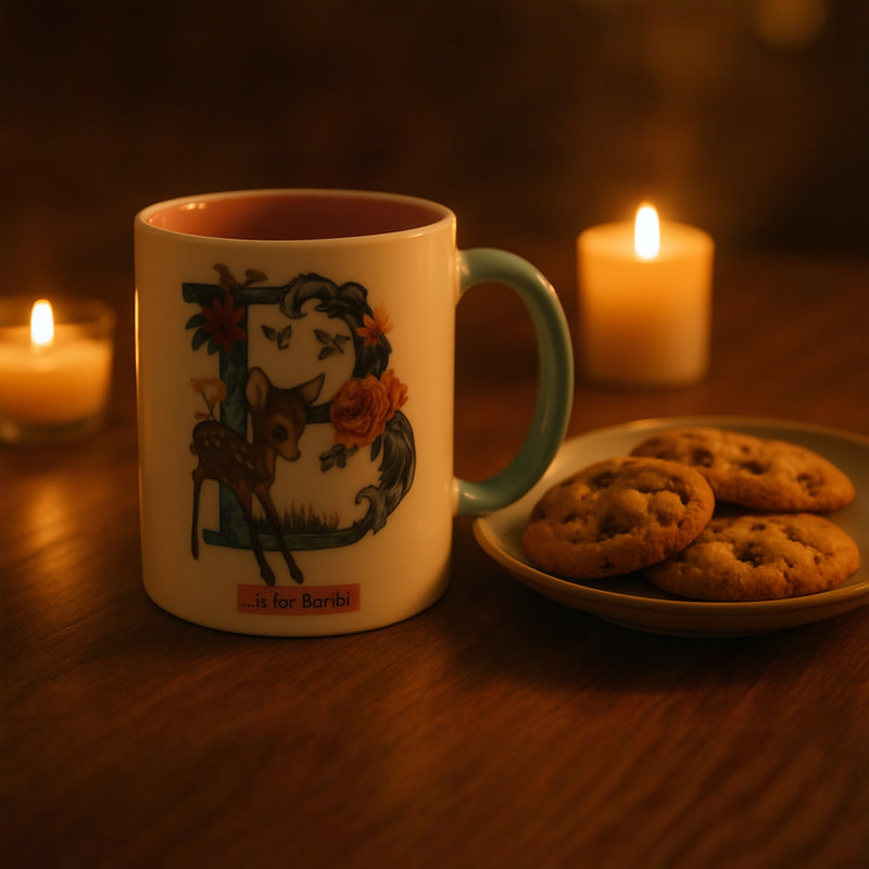 Disney Floral Bambi Deer Mug – Cute Ceramic Animal Cup Gift -Pink Interior with Blue Handle-11oz