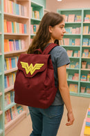 Wonder Woman Maroon and Yellow Backpack – Premium Faux Leather School Bag with Iconic 3D Logo for Girls and Women