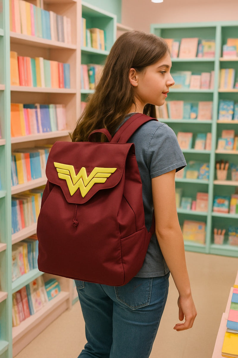 Wonder Woman Maroon and Yellow Backpack – Premium Faux Leather School Bag with Iconic 3D Logo for Girls and Women
