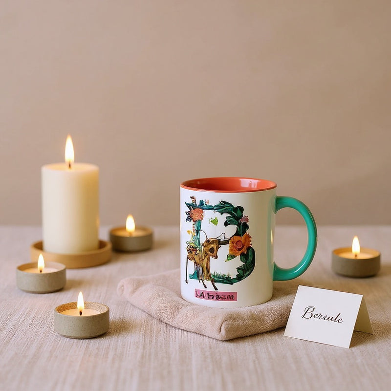 Disney Floral Bambi Deer Mug – Cute Ceramic Animal Cup Gift -Pink Interior with Blue Handle-11oz