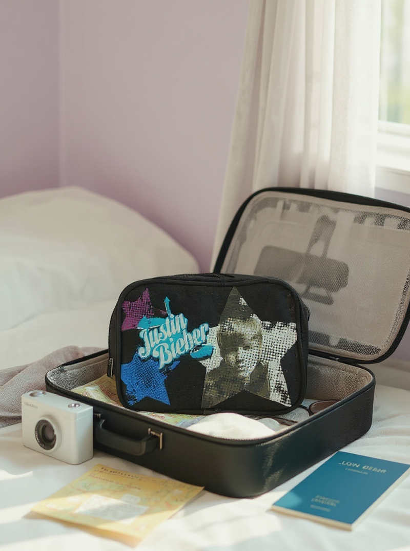 Justin Bieber Cosmetic Case Black With Zip And Compact Mirror Girls/Boys Gift Set