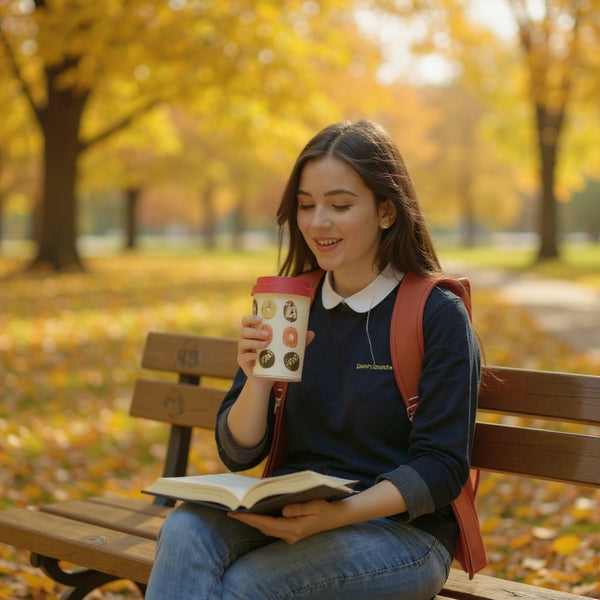 Donut Print Travel Mug with Pink Lid – Reusable Coffee Cup– Insulated To-Go Mug for Hot &amp; Cold Drinks – Cute Pattern Tumbler for Work Office or Car Commute