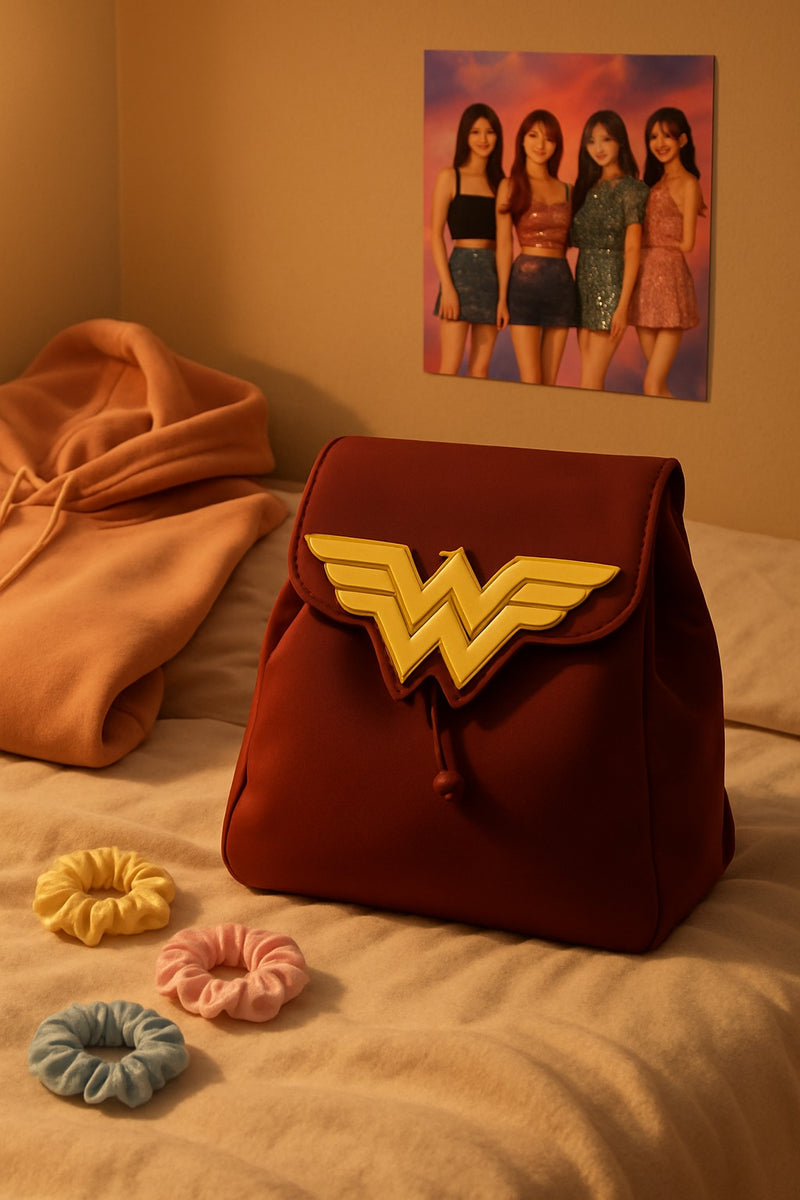 Wonder Woman Maroon and Yellow Backpack – Premium Faux Leather School Bag with Iconic 3D Logo for Girls and Women