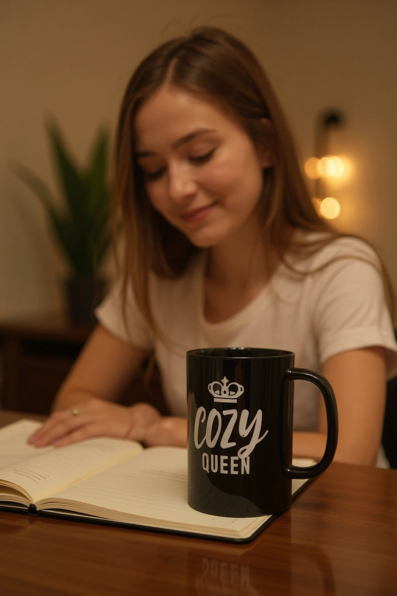 Cozy Queen Black Ceramic Coffee Mug for Women