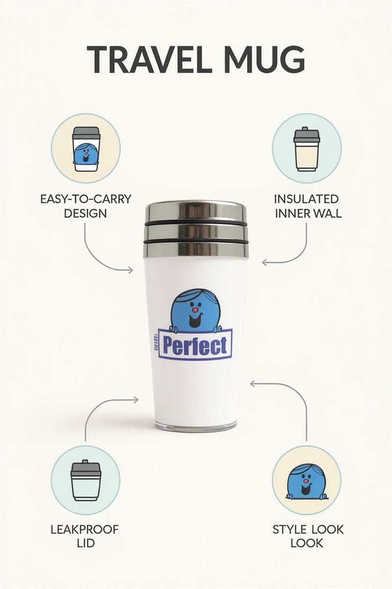 Mr. Perfect Insulated Travel Mug – Stainless-Steel Spill & Leakproof Cup—Reusable Eco-frendly Gft