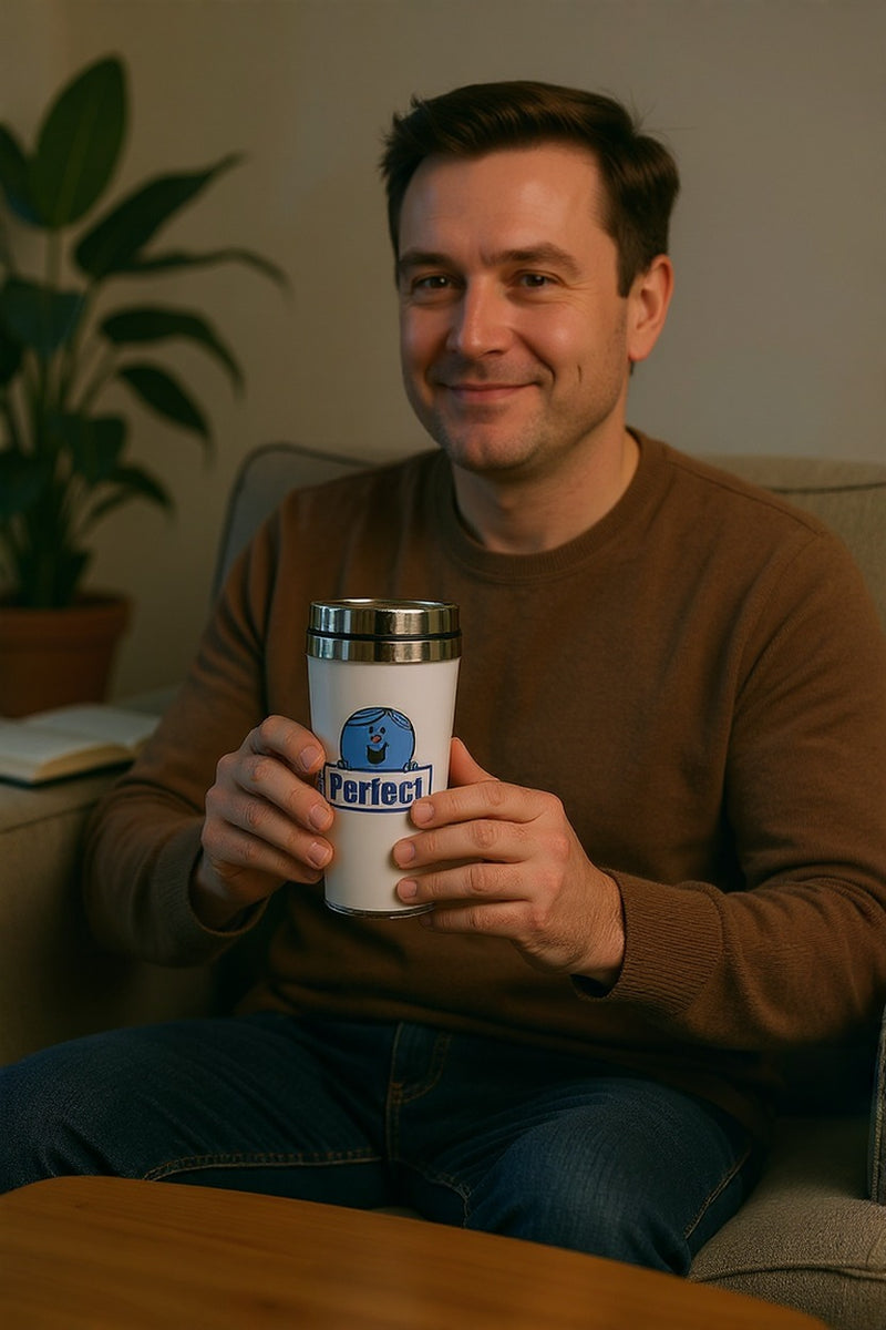 Mr. Perfect Insulated Travel Mug – Stainless-Steel Spill & Leakproof Cup—Reusable Eco-frendly Gft