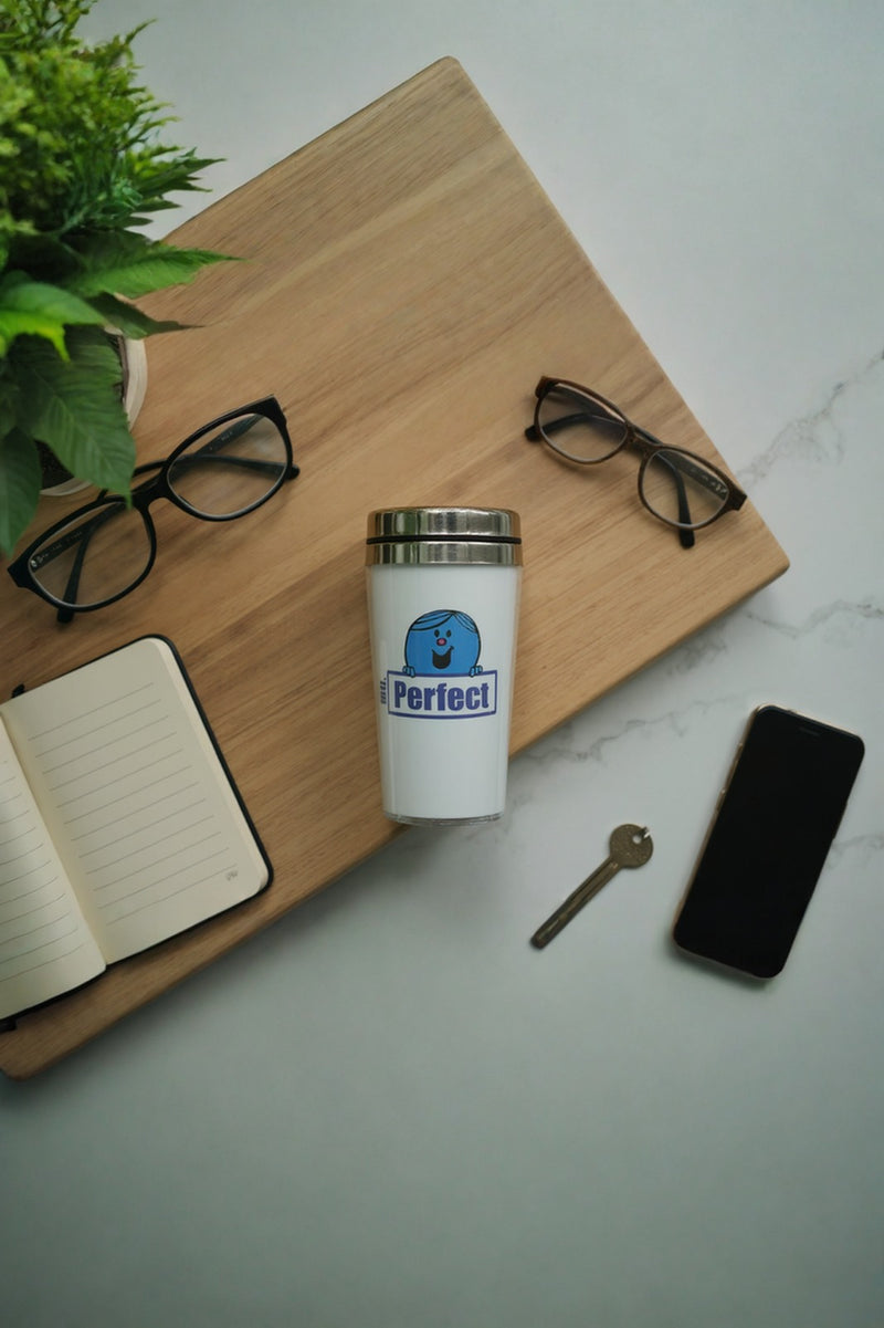 Mr. Perfect Insulated Travel Mug – Stainless-Steel Spill & Leakproof Cup—Reusable Eco-frendly Gft