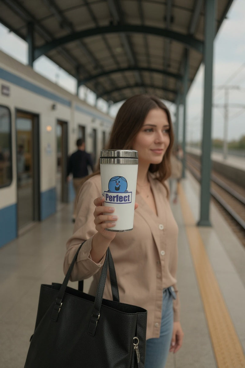 Mr. Perfect Insulated Travel Mug – Stainless-Steel Spill & Leakproof Cup—Reusable Eco-frendly Gft
