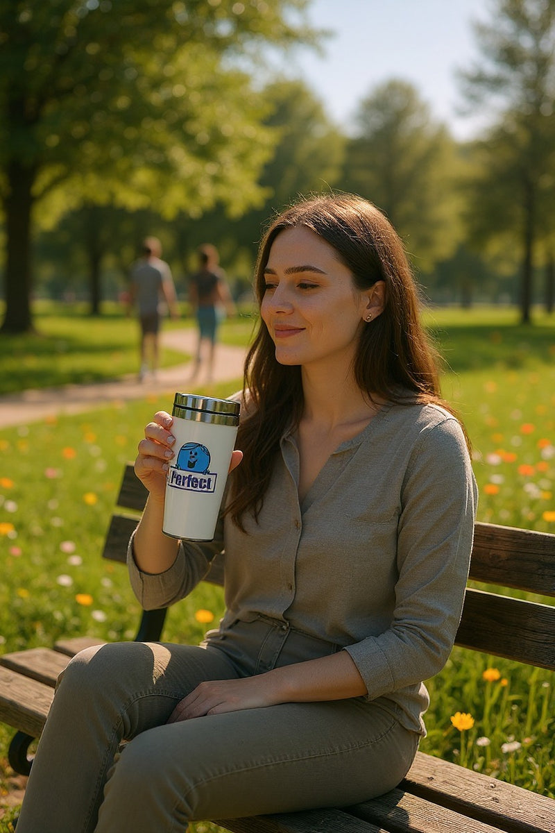 Mr. Perfect Insulated Travel Mug – Stainless-Steel Spill & Leakproof Cup—Reusable Eco-frendly Gft