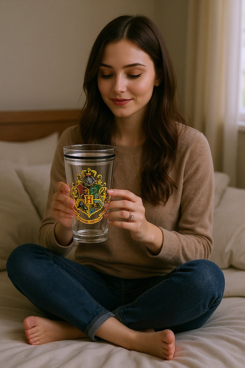 Harry Potter Hogwarts Clear Glass–Crest with Latin Motto & Black Rim Accent | Limited Edition Gift