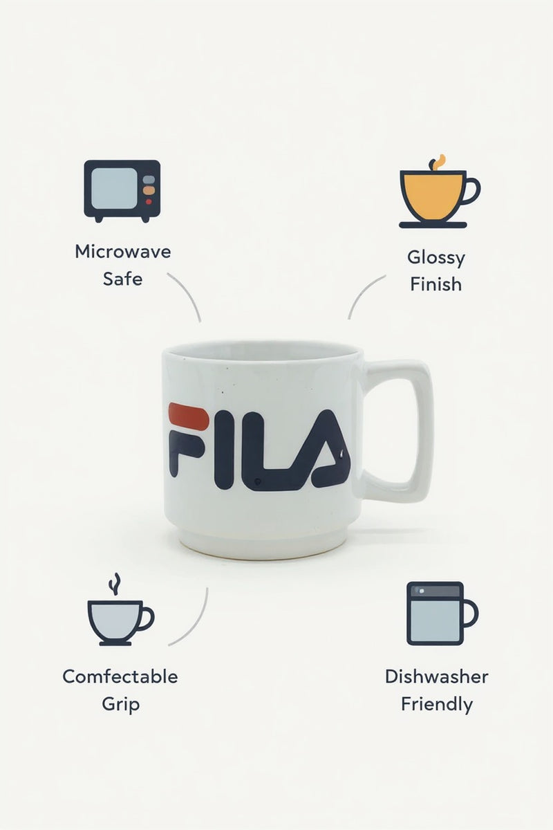 Fila Logo White Ceramic Mug – Branded Limited Edition Coffee Cup | Modern Square Handle—Gift