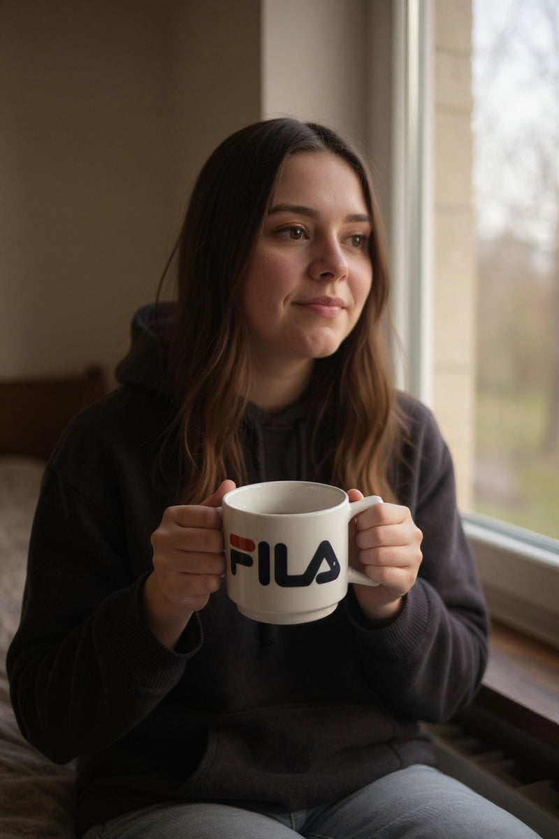 Fila Logo White Ceramic Mug – Branded Limited Edition Coffee Cup | Modern Square Handle—Gift