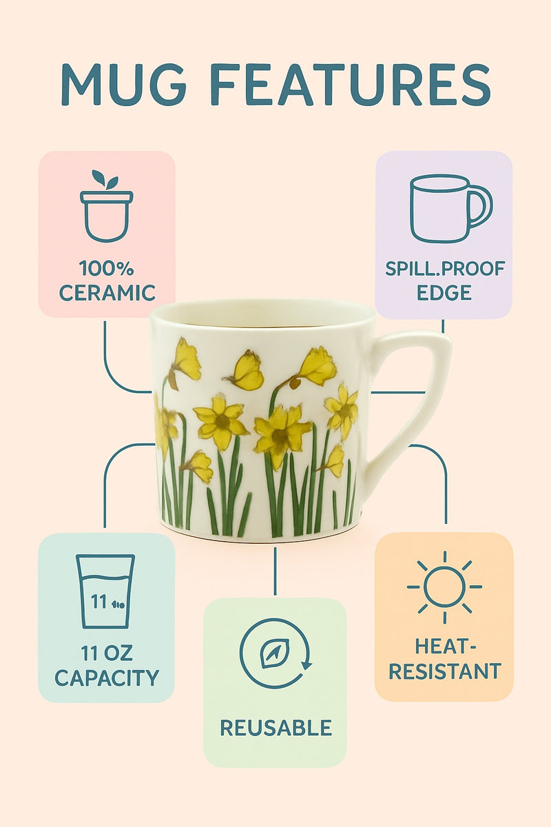 Yellow Flower Print Mug | Ceramic 11oz | Gift for Fans