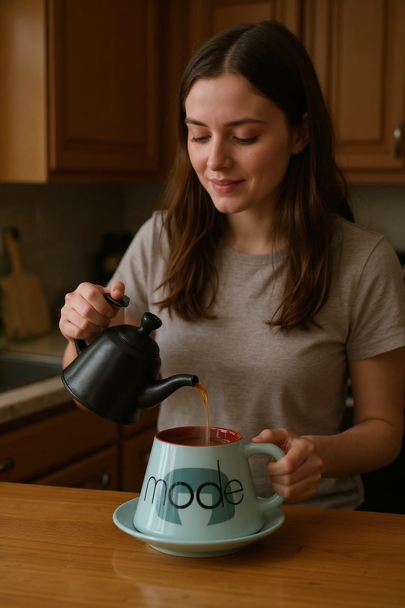 Mode-Inspired White Ceramic Mug with Saucer | 300ml | Modern Gift
