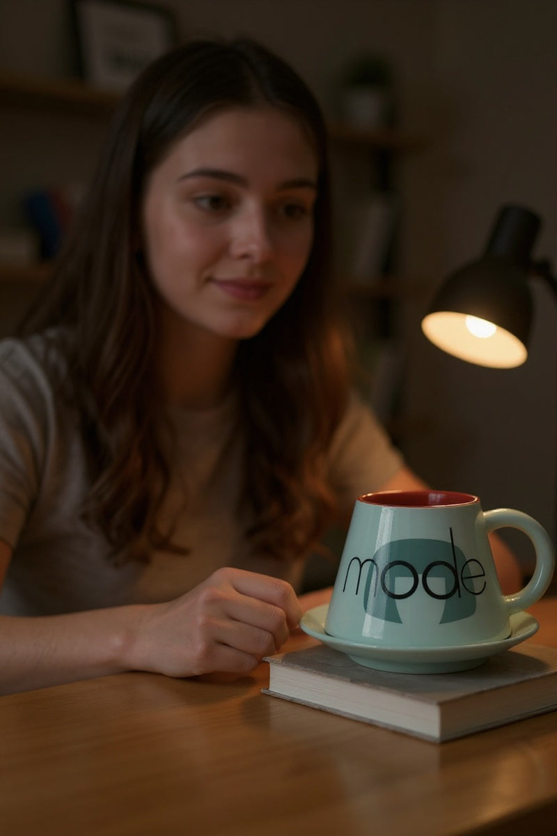 Mode-Inspired White Ceramic Mug with Saucer | 300ml | Modern Gift