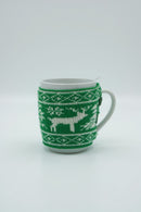 Reindeer Holiday White Ceramic Mug with Knitted Sleeve | Gift for Seasonal Fans