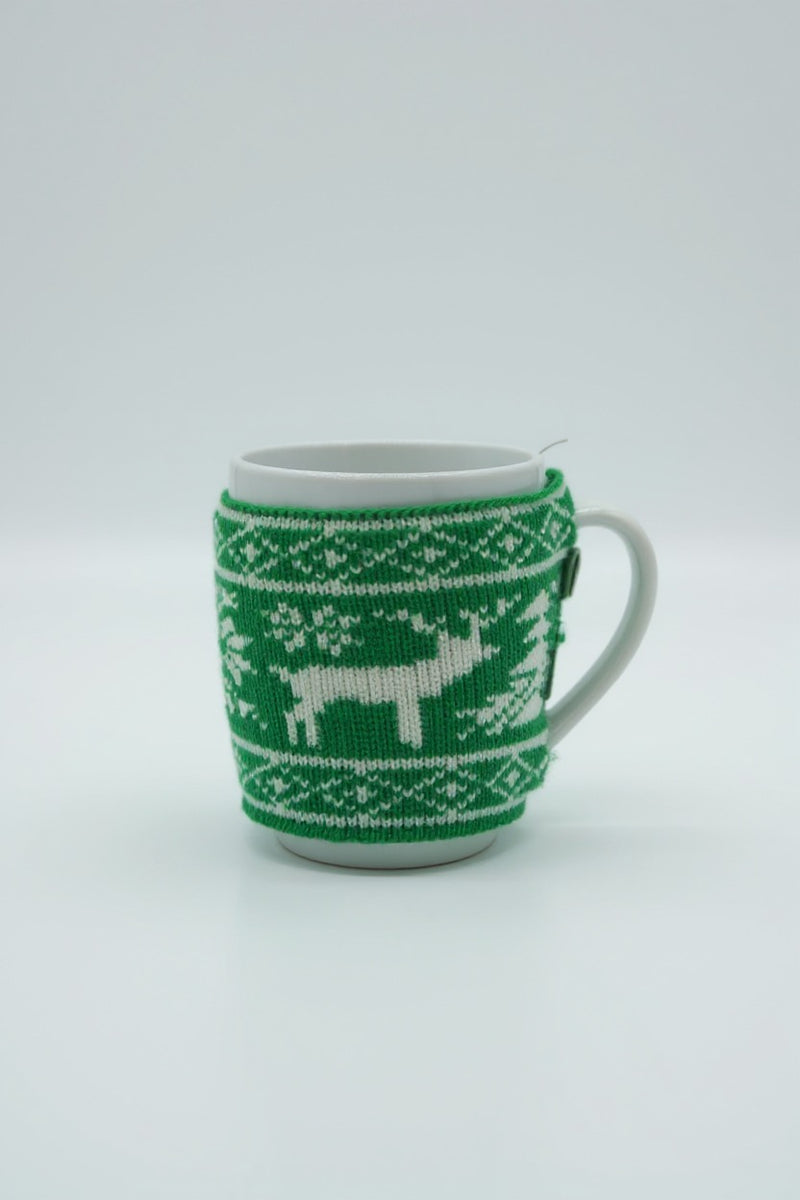 Reindeer Holiday White Ceramic Mug with Knitted Sleeve | Gift for Seasonal Fans