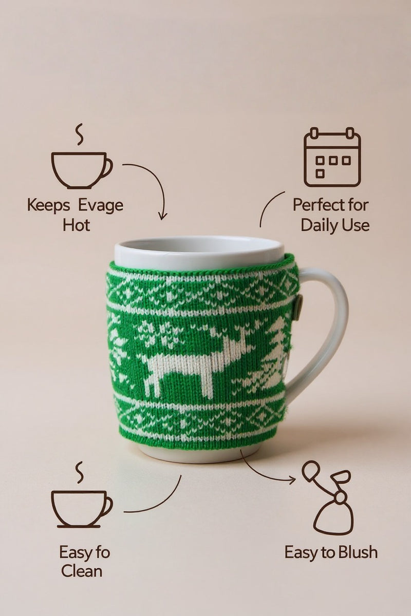 Reindeer Holiday White Ceramic Mug with Knitted Sleeve | Gift for Seasonal Fans