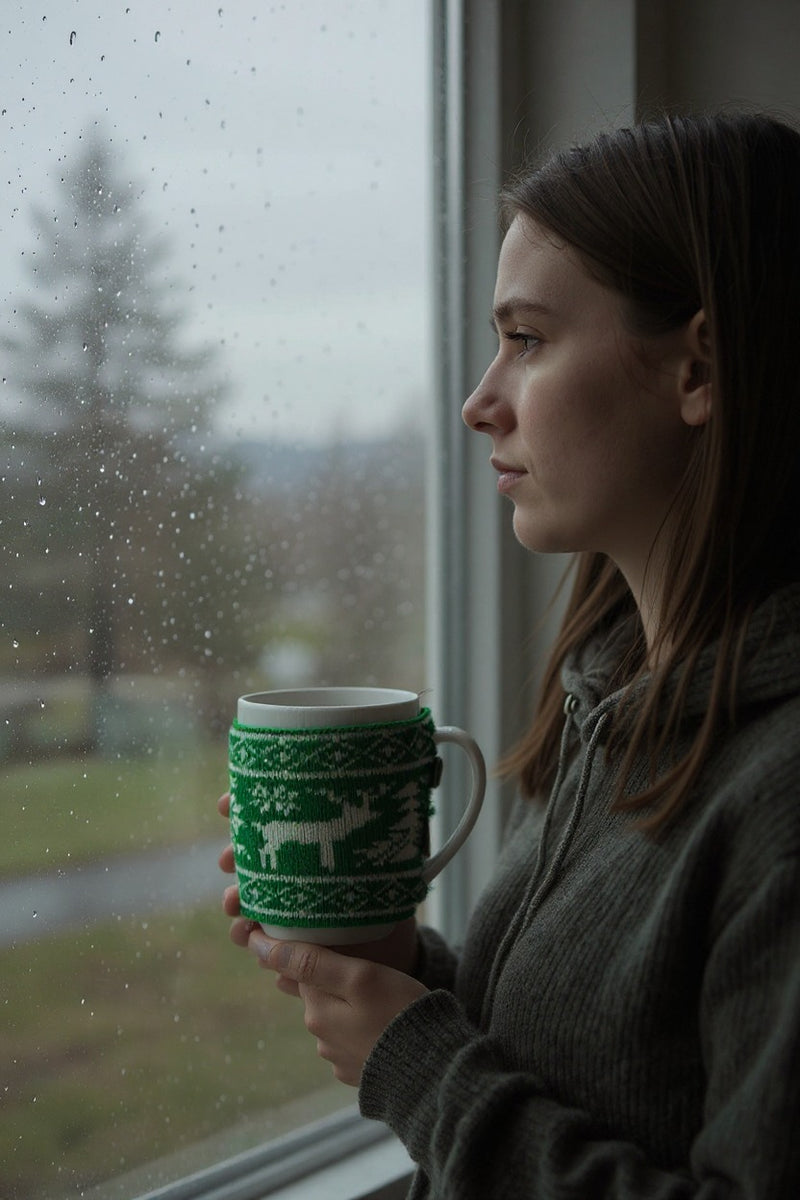 Reindeer Holiday White Ceramic Mug with Knitted Sleeve | Gift for Seasonal Fans