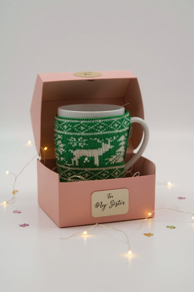 Reindeer Holiday White Ceramic Mug with Knitted Sleeve | Gift for Seasonal Fans