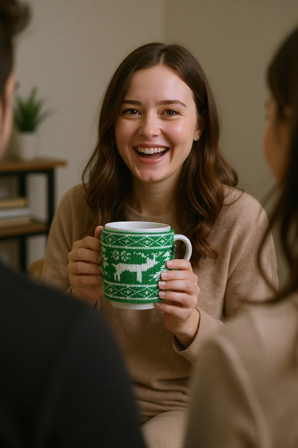 Reindeer Holiday White Ceramic Mug with Knitted Sleeve | Gift for Seasonal Fans
