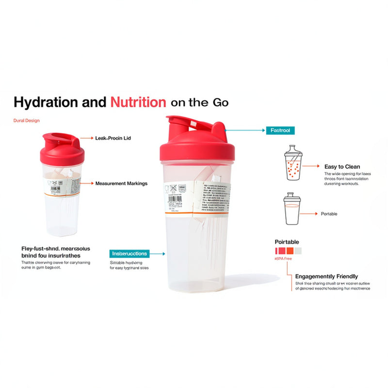 Protein Shaker Bottle | Leakproof Red Lid BPA-Free | Measurement Markings Cup