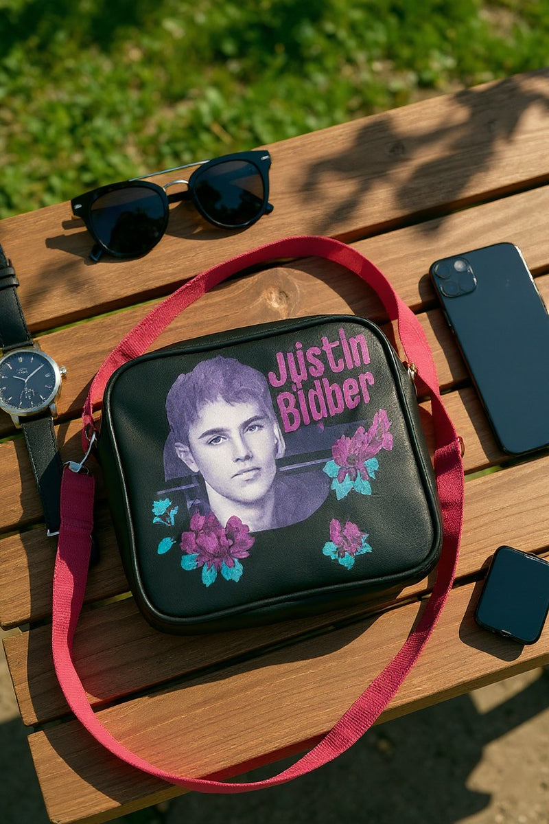 Justin Bieber Shoulder Bag – Black &amp; Pink Strap Messenger Purse