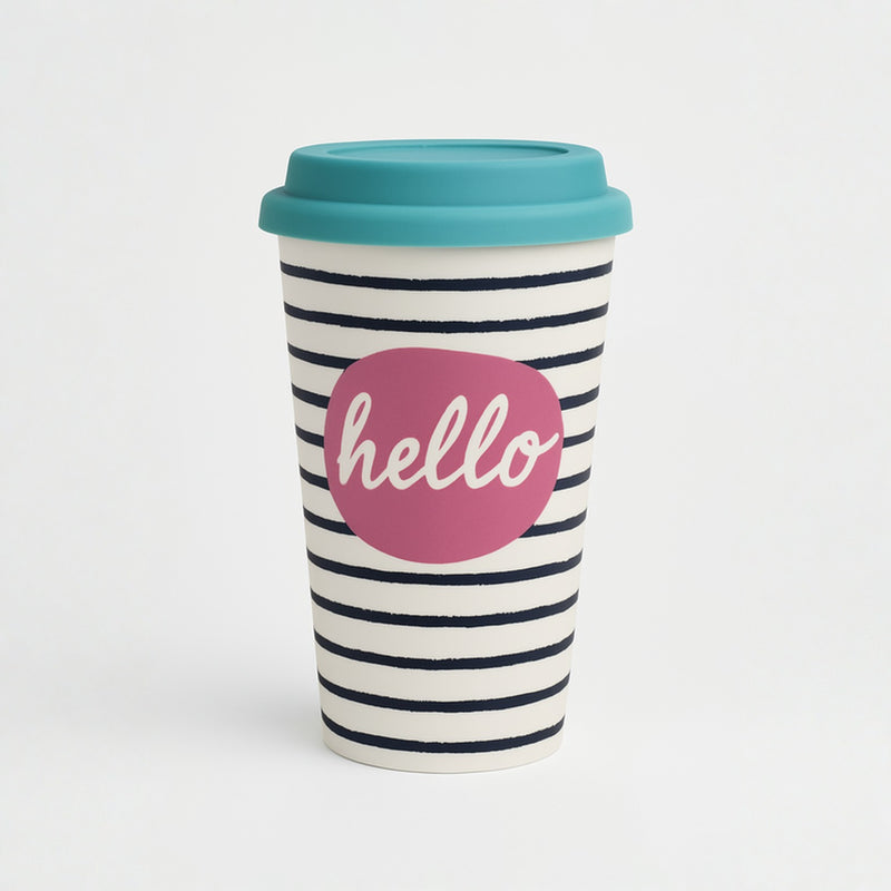 Cute “Hello” Striped Travel Coffee Mug with Lid – Leakproof Bamboo Cup with Easy Sip Lid –Teenager Friendly Eco Mug