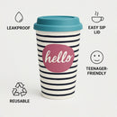 Cute “Hello” Striped Travel Coffee Mug with Lid – Leakproof Bamboo Cup with Easy Sip Lid –Teenager Friendly Eco Mug