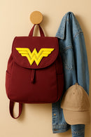 Wonder Woman Maroon and Yellow Backpack – Premium Faux Leather School Bag with Iconic 3D Logo for Girls and Women