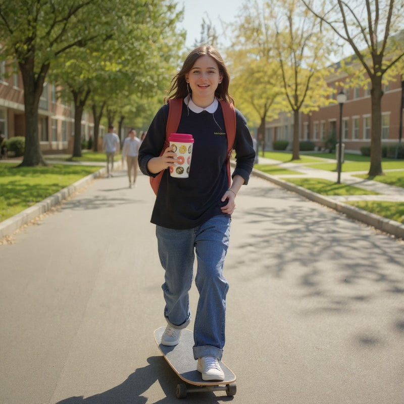 Donut Print Travel Mug with Pink Lid – Reusable Coffee Cup– Insulated To-Go Mug for Hot &amp; Cold Drinks – Cute Pattern Tumbler for Work Office or Car Commute