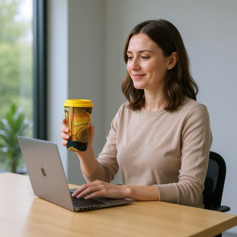 Insulated Eco Travel Tumbler | Leakproof Mug Yellow Lid | Hot Drink Keeper Reusable Cup